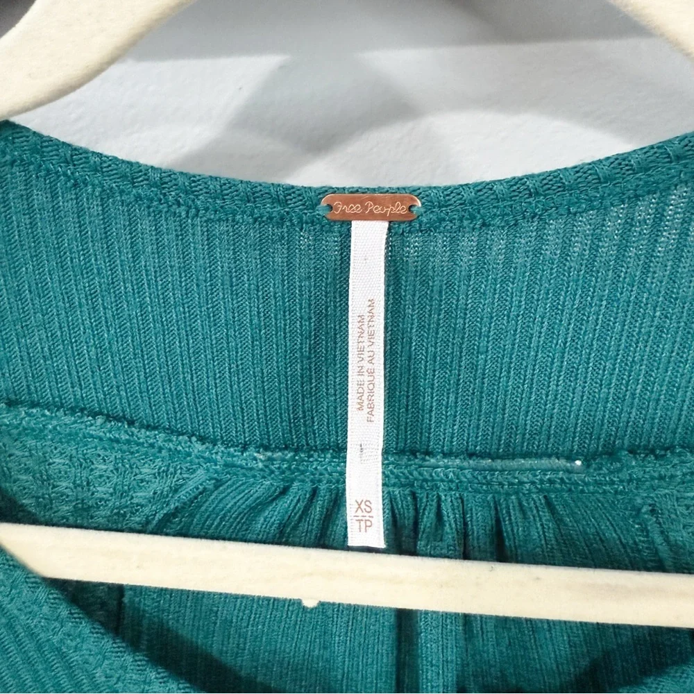 Free People Leo Henley Teal Green Waffle Knit Thermal Top Size XS